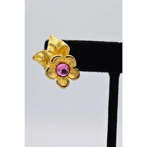 Givenchy Vintage Cabochon Flower Clip On Earrings Pink Brushed Gold Signed BinX